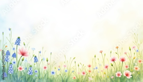 Watercolor meadow with colorful wildflowers including blue grape hyacinths and pink daisies