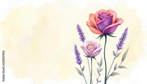 Watercolor of a bouquet with a large pink and purple rose and lavender sprigs on beige flower