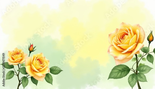 Watercolor of yellow roses with green leaves on a soft yellow background, flowers floral