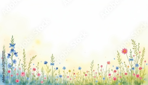 Watercolor painting of a delicate spring meadow with small wildflowers on a white background