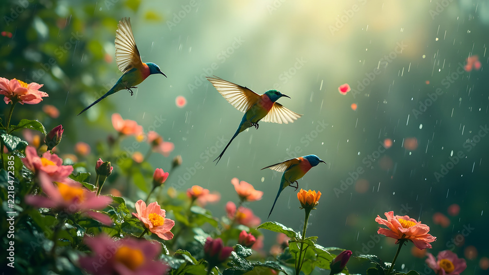 Fototapeta premium Colorful hummingbirds hovering and flying over blooming flower garden in gentle misty rain