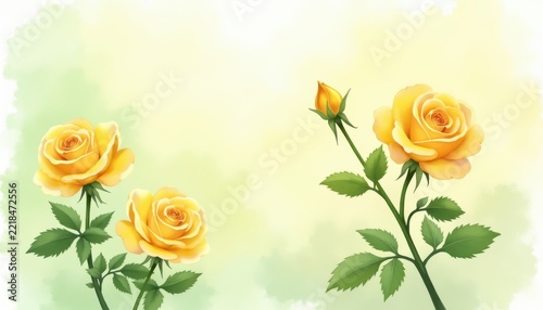 Watercolor painting of yellow roses with green leaves on a soft light yellow background flowers