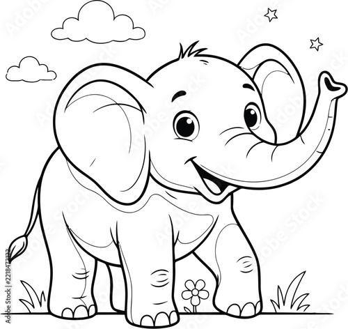 Elephant vector drawing smiling walking in nature landscape