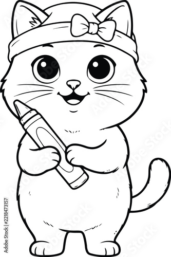 Cat outline vector character drawing with headband and crayon