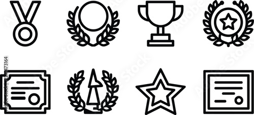 Award icon vector set featuring medals trophies and certificates