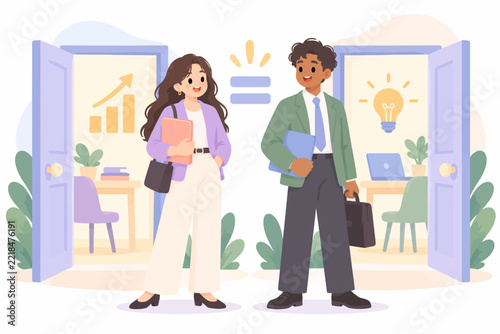 Professional Man and Woman Standing Between Office Doors Symbolizing Equality in Workplace Opportunities and Career Growth