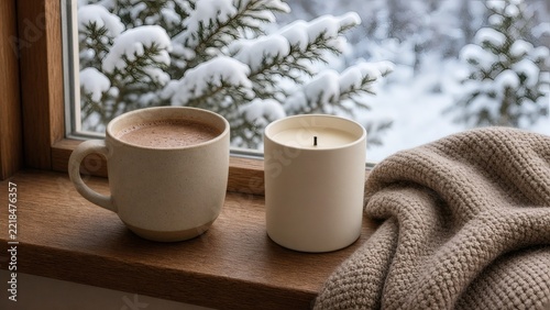 Hot chocolate with candle and knit throw on snowy window sill