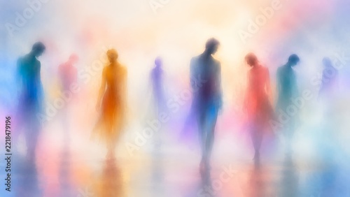 Abstract Blurred Human Silhouettes Walking in Pastel Colorful Fog Dreamy Background