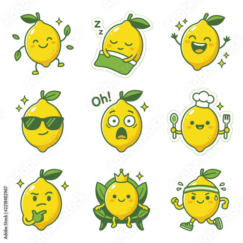Set of Cute Cartoon Lemon Characters with Various Expressions and Activities.