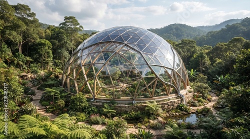 Futuristic eco dome with transparent architecture, integrated greenery, solar panels and natural systems, representing sustainable building technology and biophilic design.