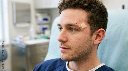 Young Man with Band Aid on Forehead After Medical Procedure in Clinic
