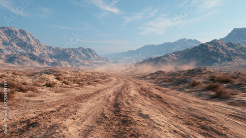 Rugged desert road landscape features dry earth and mountain horizon for travel adventure concept or background backdrop.