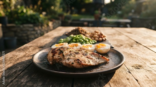 Rustic Grilled Meat Plate with Potatoes and Vegetables on Wooden Table