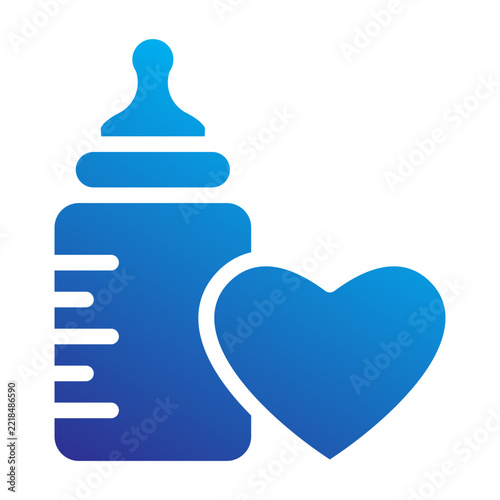 Blue gradient icon of a baby feeding bottle with a heart symbol, representing loving parenting, infant nutrition, childcare, newborn health, and parental devotion in flat