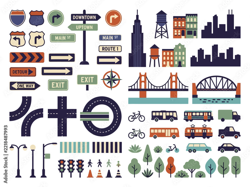 Fototapeta premium Flat vector illustration collection of urban navigation elements, city transport icons, and road signs in front view