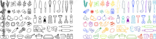 Kitchen utensil and food ingredient doodle illustrations for cooking and recipes