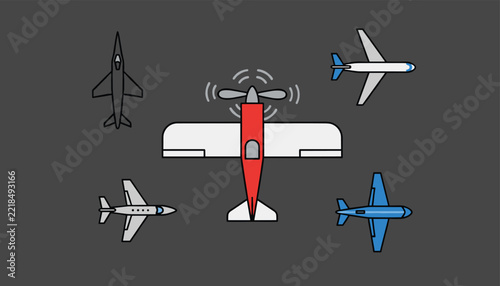 Aviation set featuring five diverse airplanes including military jets, cargo planes, and a central red propeller aircraft.