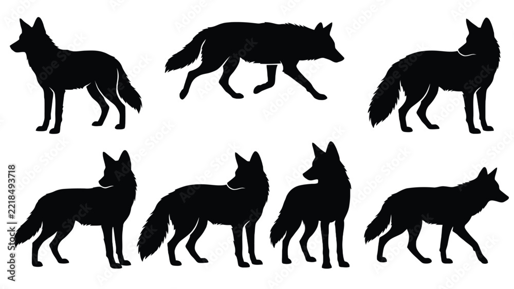 Obraz premium Black vector silhouettes of wild wolves in different poses