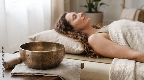 Woman Undergoing Sound Healing Therapy with Singing Bowl in a Spa