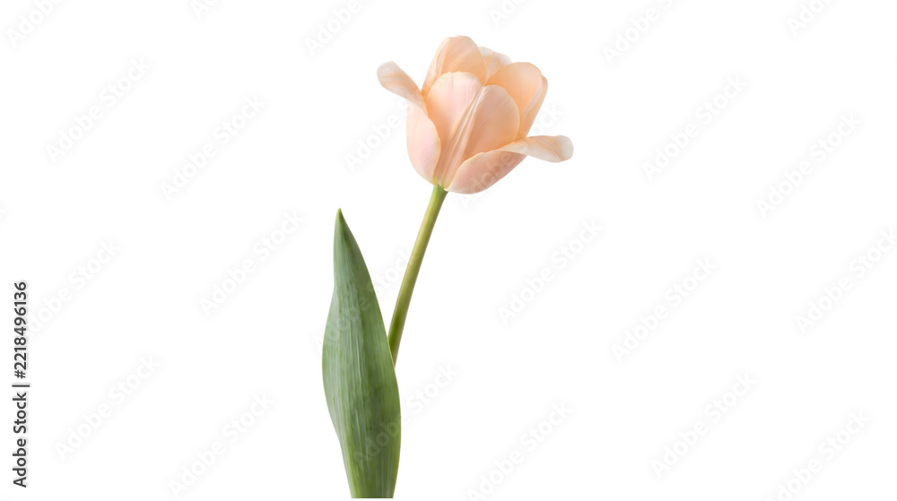 Fototapeta premium Pale peach tulip flower with green leaves on transparent background PNG with alpha channel