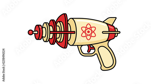 Retro sci-fi ray gun with atom symbol