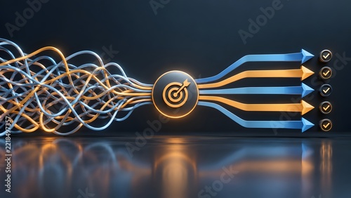 Abstract 3D illustration of business process optimization showing tangled complex wires transforming into organized straight arrows through a target icon for success and goal achievement.