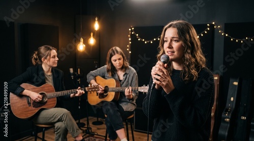 Three women performing acoustic music together in a recording studio with warm ambient lighting