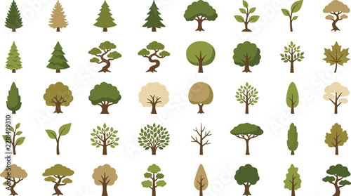 Diverse green tree icons for forest landscaping projects and architectural design botanical vector illustrations
