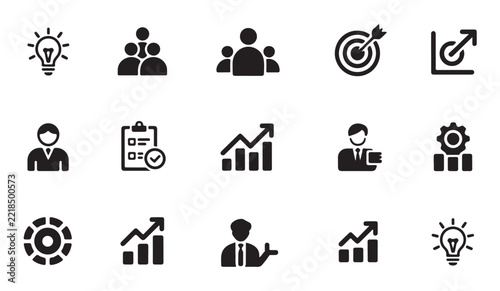 Corporate growth and strategy icons set in solid black silhouette style representing teamwork and planning.