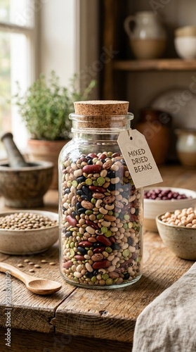 Rustic kitchen scene with jar of mixed dried beans wooden table healthy food ingredients natural light