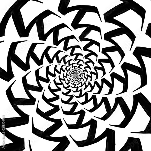 Abstract geometric spiral vortex background with minimalist black and white optical illusion zigzag lines pattern. 