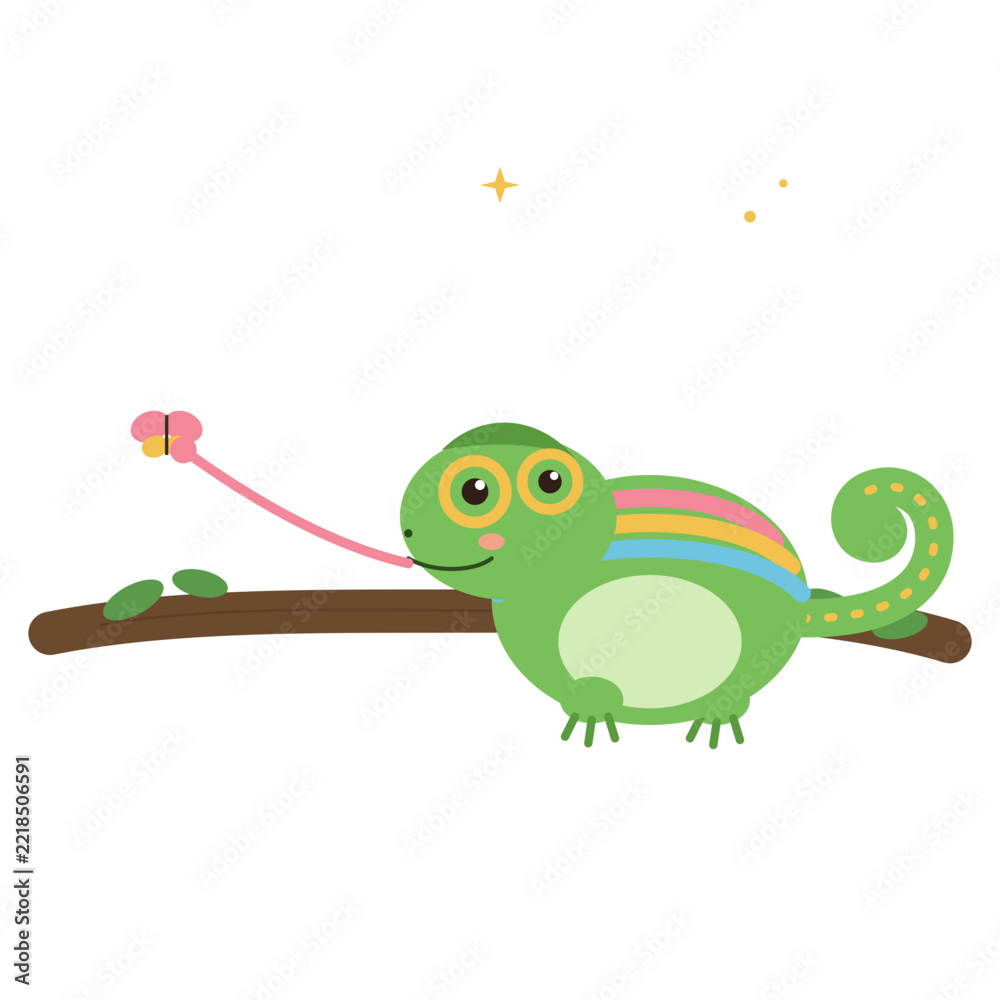 Obraz premium Cute cartoon green chameleon with rainbow stripes catching a butterfly