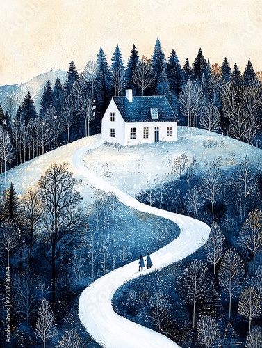 Snowy Winter Cottage in a Forest with a Winding Path
