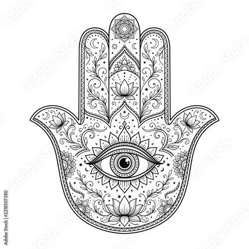 Black hamsa hand ornamental line art vector
