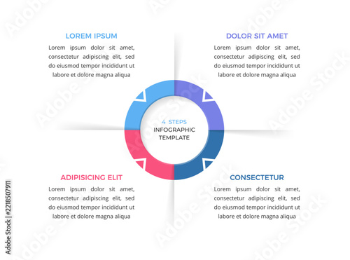 Four step infographic template with a circular ring and four arrows. 4 steps cycle chart or process graphic for workflows. Vector illustration