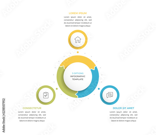 Three options infographic template with a central circle with arrow segments connecting to outer circles. 3 options cycle diagram or flow chart for business process. Vector illustration
