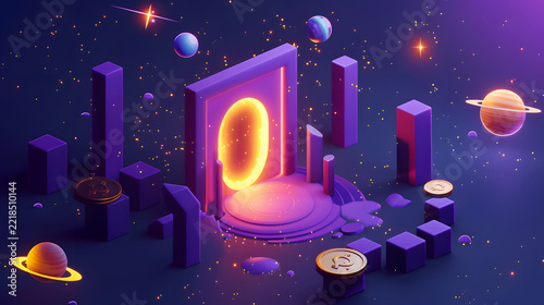 Glowing futuristic portal gateway in deep purple space with floating planets and 3D geometry