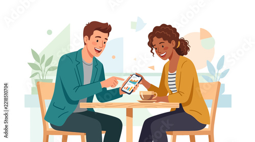 Diverse colleagues collaborate on mobile app analytics and data visualization at a cafe table