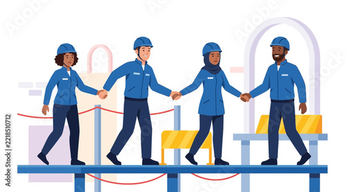Diverse construction workers in uniform holding hands, symbolizing teamwork and unity in a modern industrial setting.
