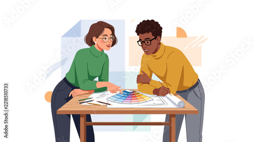Diverse designers collaborate on color palette and blueprint, showcasing teamwork in creative industry