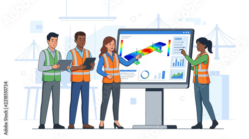 Diverse engineering team collaborates on structural analysis with advanced computer simulation and data visualization.