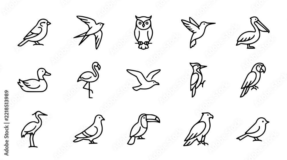 Fototapeta premium Black and white vector icons of various wild birds
