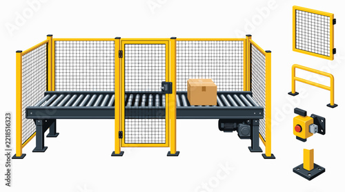 Industrial conveyor system with safety barriers and control panel