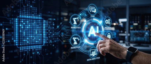 Hand interacting with AI technology interface in modern workspace