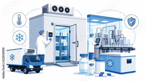 Pharmaceutical cold storage and vaccine production facility illustration