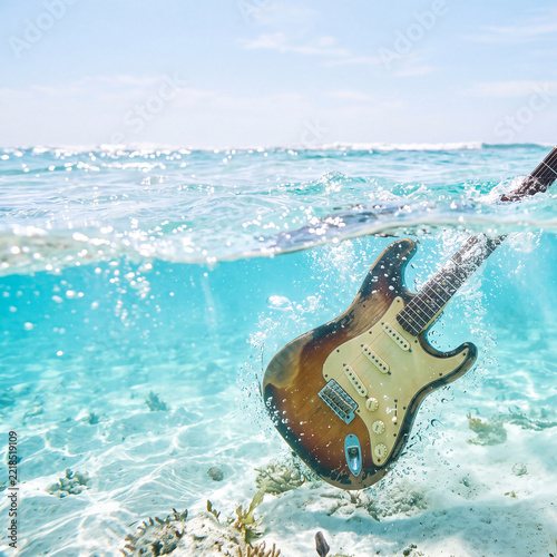 Vintage style electric guitar drowning in the sea