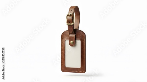 Brown leather luggage tag with blank identification card isolated on