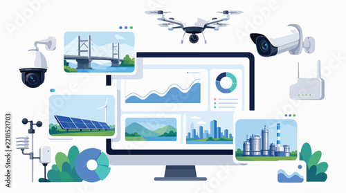Smart city technology dashboard with drone and renewable energy icons