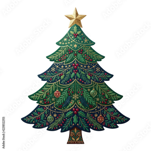 Decorative illustrated christmas tree with golden star and ornaments isolated on transparent background