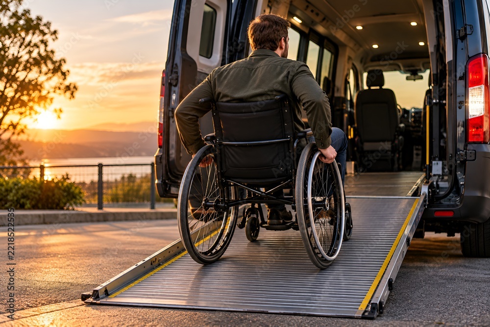 Obraz premium Accessible travel van loading wheelchair user via ramp at sunset